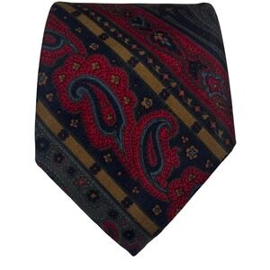 Barneys New York Necktie Dark Romantic Red Navy Gold's Silk Paisley Striped